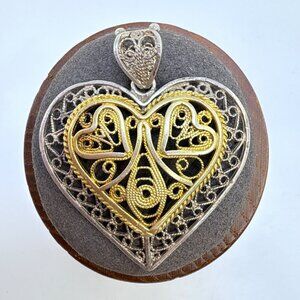 VTG Two Tone Sterling Silver 925 Filigree Heart Pendant Size 1.5" Length